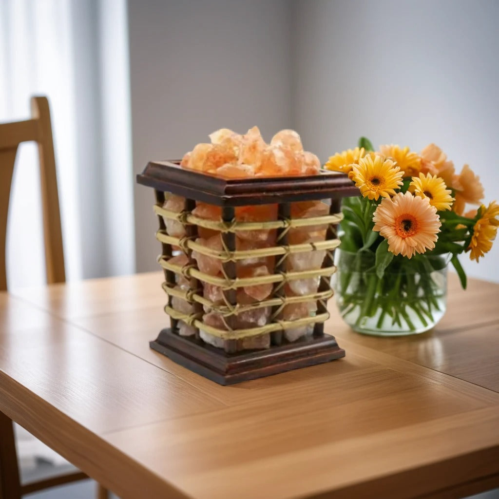 Wood-slat basket lamp filled with glowing Himalayan salt chunks