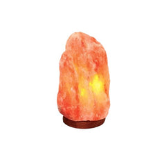 Natural Himalayan salt lamp glowing amber on a dark wood base against a white background