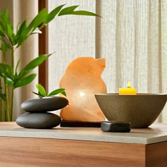 Dolphin-shaped Himalayan salt lamp glowing beside stacked massage stones and a lit candle bowl