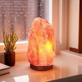Himalayan salt lamp glowing on a windowsill beside a small cactus plant