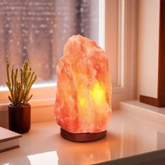 Himalayan salt lamp glowing on a windowsill beside a small cactus plant