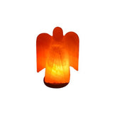 Angel-shaped Himalayan salt lamp glowing orange on a white background