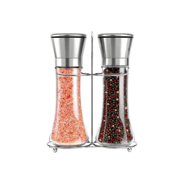 Two glass grinders on a stand, one filled with pink Himalayan salt and one with mixed peppercorns