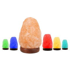 Natural Himalayan salt lamp beside five smaller USB colour-changing salt lamps in green, blue, red, yellow and teal