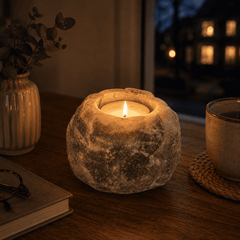 Grey Himalayan Salt Candle Holder (Set of 2) – styled in a home lifestyle setting, lit at evening