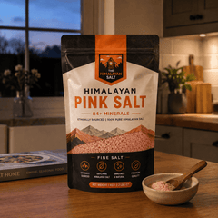 Himalayan Fine Salt (1kg) – styled in a home lifestyle setting, lit at evening