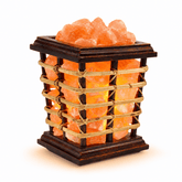 Cane Wood Basket Himalayan Salt Lamp – studio product photo on a plain white background