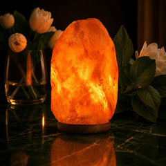 Himalayan Salt Lamp (9-12kg) – studio photo lit against a dark background