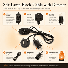 Salt lamp Black Cable with Dimmer – infographic highlighting the product's key features
