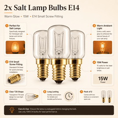 Himalayan Salt Lamp Bulbs E14 15W (Pack of 3) – infographic highlighting the product's key features