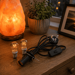 Himalayan Salt Lamp Cable with 2 Bulbs – styled in a home lifestyle setting, lit at evening