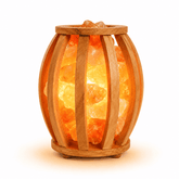 Drum Wood Basket Himalayan Salt Lamp – studio product photo on a plain white background