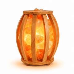 Drum Wood Basket Himalayan Salt Lamp – studio product photo on a plain white background
