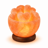 Fire Bowl Himalayan Salt Lamp with 6 Heart Stones – studio product photo on a plain white background
