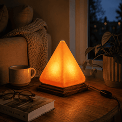 Pyramid Himalayan Salt Lamp (USB Multi-Colour) – styled in a home lifestyle setting, lit at evening
