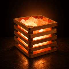 Wood Square Basket Himalayan Salt Lamp – studio photo lit against a dark background