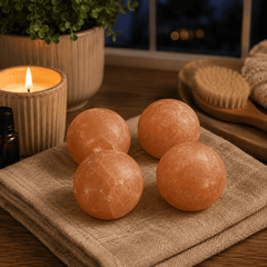 Himalayan Salt Massage Balls (Set of 4) – styled in a home lifestyle setting, lit at evening