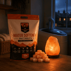 10Kg Water Softener Salt Tablets – styled in a home lifestyle setting, lit at evening