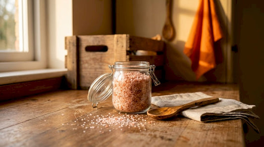 Jar of pink Himalayan salt on kitchen shelf