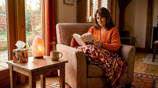 Salt lamp glowing in cozy living room