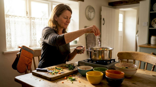 Home cook adding unrefined salt to soup