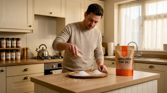 Home cook comparing unprocessed salts in kitchen