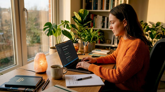 USB salt lamp glowing beside laptop on desk