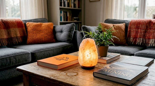 Himalayan salt lamp glowing in cozy living room