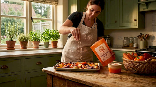 Cook sprinkles pink salt on roast vegetables