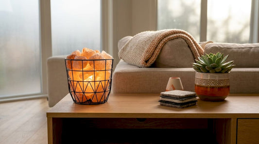 Basket salt lamp glowing in living room
