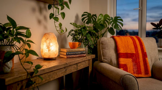 Himalayan salt lamp glowing in home living room
