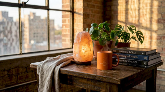 Warm glowing carved salt lamp on table