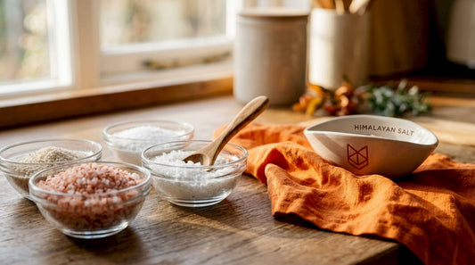 Various artisan salts in small bowls on kitchen counter