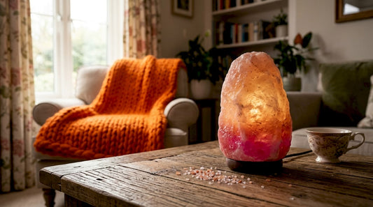Soft glowing genuine Himalayan salt lamp on table