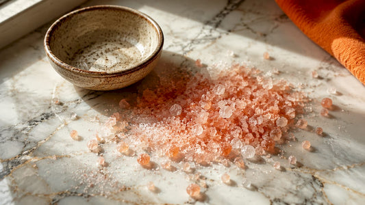 Close-up of Himalayan pink salt crystals on spoon