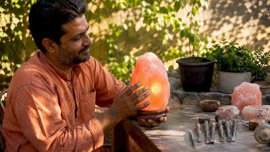 Artisan holding handmade glowing salt lamp