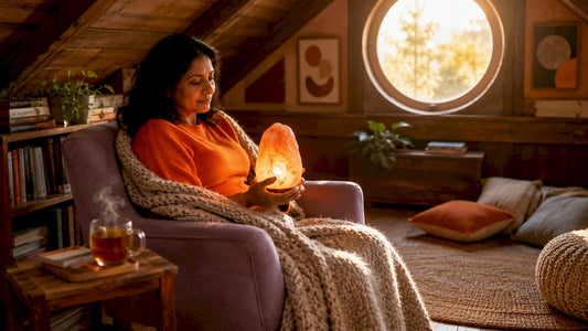 Woman relaxing near glowing Himalayan salt lamp