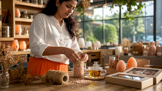 Woman wrapping Himalayan salt gift sets at home