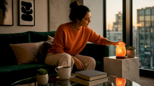 Woman adjusting glowing Himalayan salt nightlight in living room