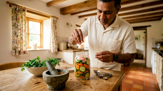 Person adding Himalayan salt to vegetables for preservation