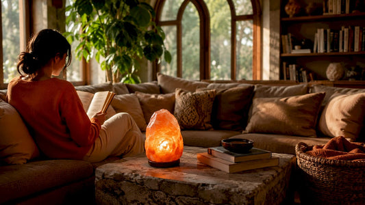 Glowing Himalayan salt lamp in cozy living room
