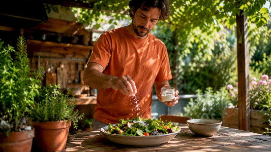 Home cook seasoning salad with natural salt