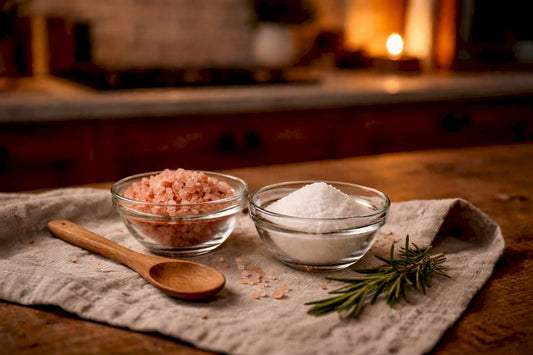 Bowls of natural pink and processed white salt crystals