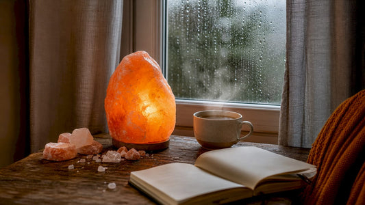 Glowing Himalayan salt lamp on wooden table