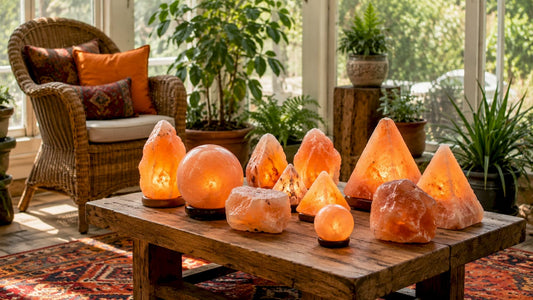 Assorted salt lamps glowing on a wooden table in warm living room lighting