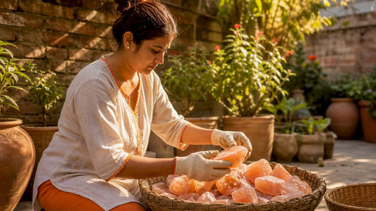 Artisan sorting pink Himalayan salt crystals in mine
