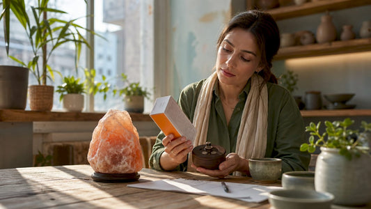 Woman checking salt lamp bulb wattage at kitchen table