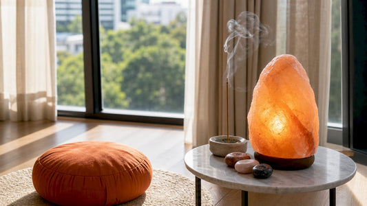 Meditation room with glowing salt lamp and cushions