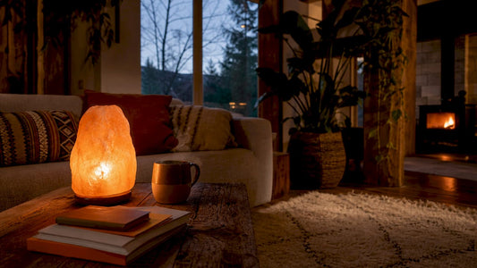 Glowing salt lamp in cozy living room setting