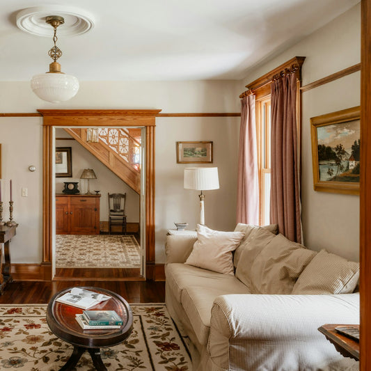 Elegantly styled living room, the kind of space where a salt lamp adds ambient warmth